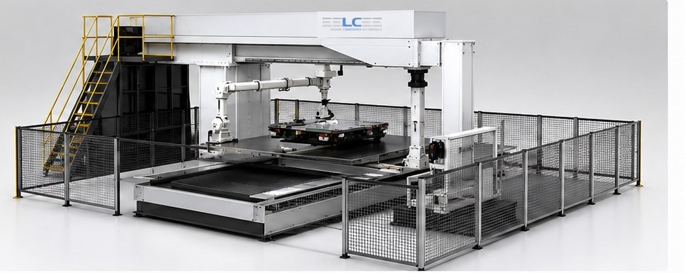Full-scale QEE-TECH cell with gantry placement head, robot handling and safety enclosure